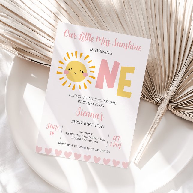 Modern Pink Sun Little Miss Sunshine 1st Birthday Invitation (Little Sunshine First Birthday  Invitation Template, Little Miss Sunshine 1st Birthday Invitation)