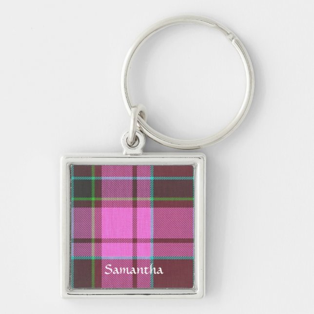 Modern pink tartan personalised key ring (Front)