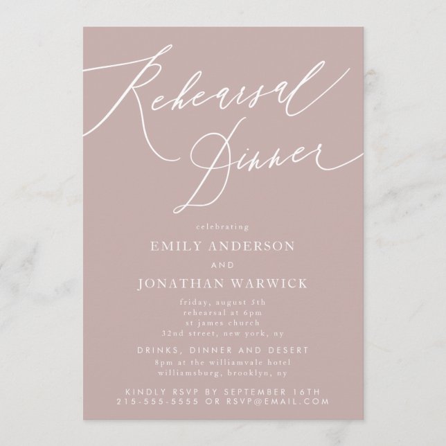 Modern Pink Taupe Calligraphy Rehearsal Dinner Invitation (Front)