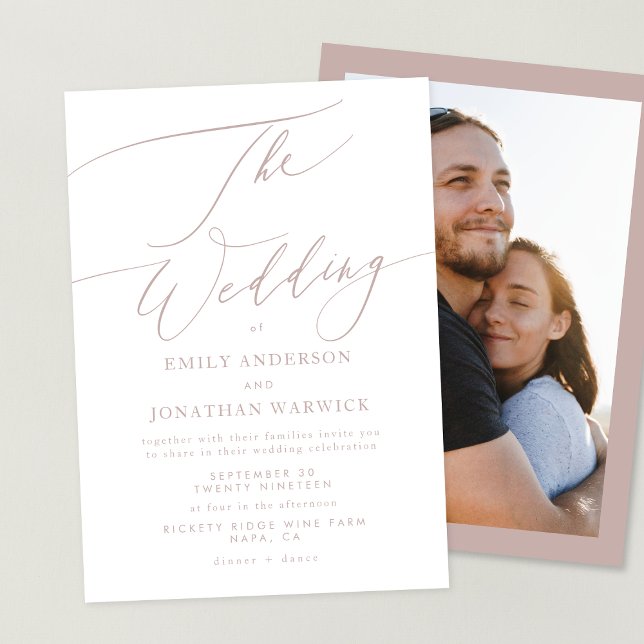 Modern Pink Taupe Calligraphy Simple Photo Wedding Invitation (Creator Uploaded)