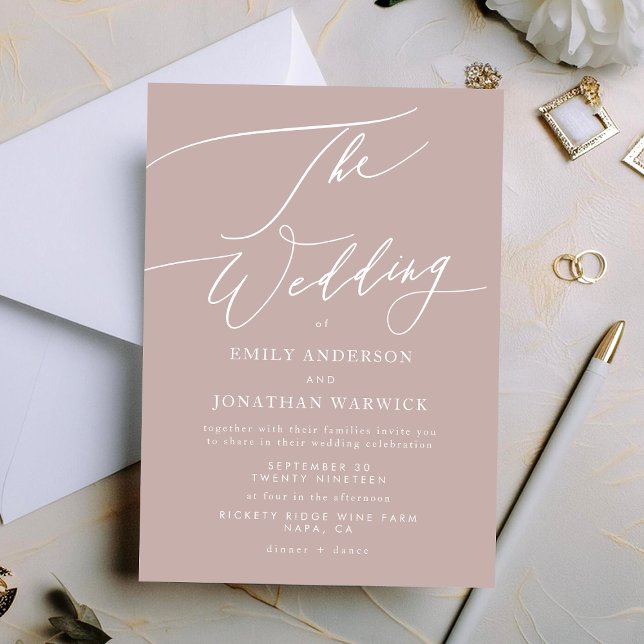 Modern Pink Taupe Calligraphy Simple Wedding Invitation (Creator Uploaded)
