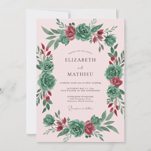 Modern Pink Teal Wreath Wedding Invitation (Front)