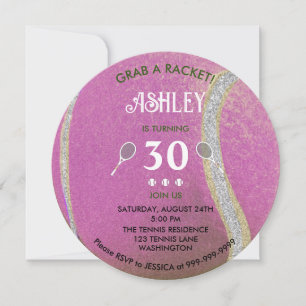 Modern Pink Tennis Ball Personalised 30 Birthday Invitation