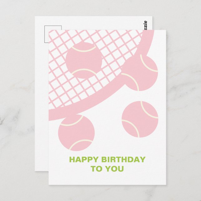 Modern Pink Tennis Ball Racket Happy Birthday Postcard (Front/Back)