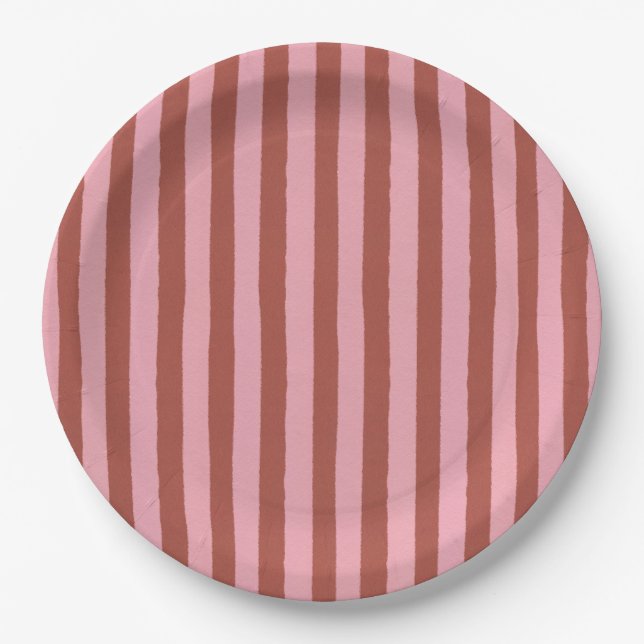 Modern Pink & Terracotta Vertical Stripes Pattern Paper Plate (Front)