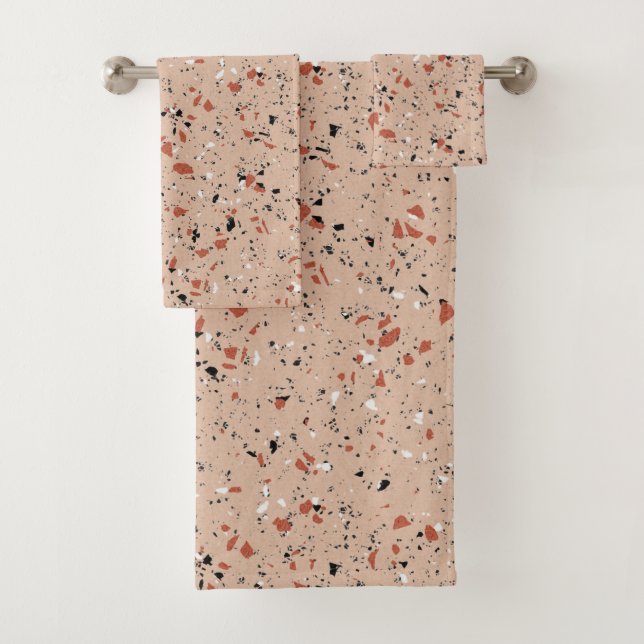 Modern Pink Terrazzo Print Pattern Bath Towel Set (Insitu)