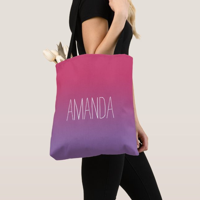 Modern Pink to Purple Gradient Handwritten Name Tote Bag (Close Up)
