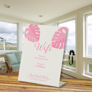 Modern Pink Tropical Leaf Beach Wifi Rental Pedestal Sign