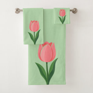 Modern Pink Tulip Flower on Light Green Bath Towel Set