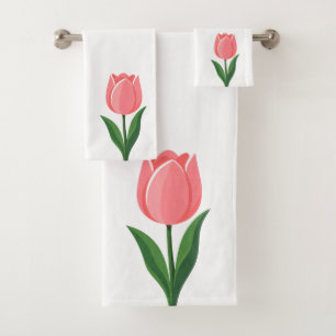 Modern Pink Tulip Flower on White Bath Towel Set