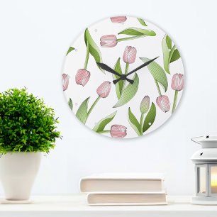 Modern Pink Tulip Flower Pattern Large Clock