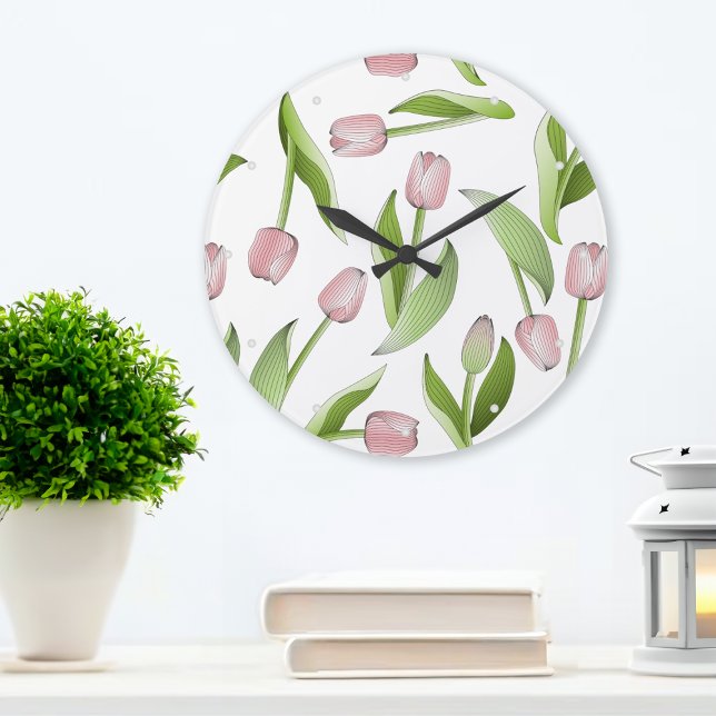 Modern Pink Tulip Flower Pattern Large Clock (Creator Uploaded)
