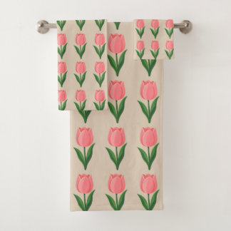 Modern Pink Tulip Flower Pattern on Light Beige Bath Towel Set