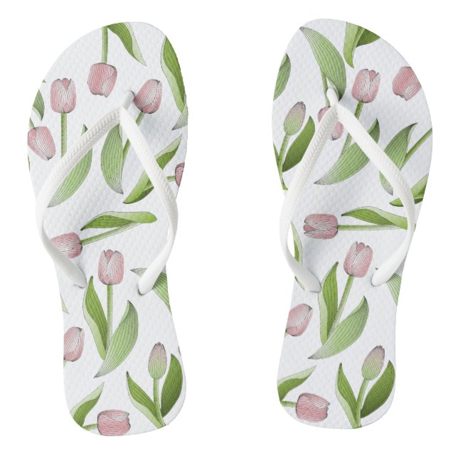 Modern Pink Tulip Flower Pattern Thongs (Footbed)