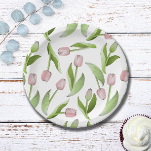 Modern Pink Tulip Pattern Paper Plate