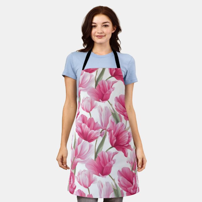 Modern Pink Tulip White Floral Pattern Apron (Worn)