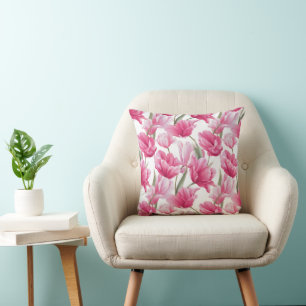 Modern Pink Tulip White Floral Pattern Cushion