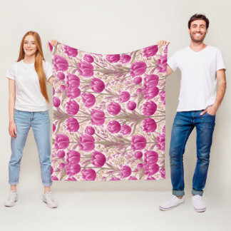 Modern Pink Tulip White Floral Pattern Fleece Blanket