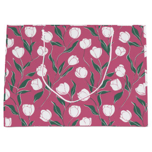 Modern Pink Tulip White Floral Pattern Large Gift Bag