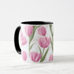 Modern Pink Tulip White Floral Pattern Mug