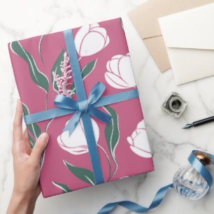 Modern Pink Tulip White Floral Pattern Wrapping Paper
