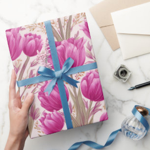 Modern Pink Tulip White Floral Pattern Wrapping Paper
