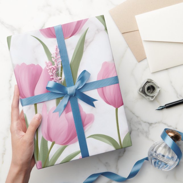 Modern Pink Tulip White Floral Pattern Wrapping Paper (Gifting)