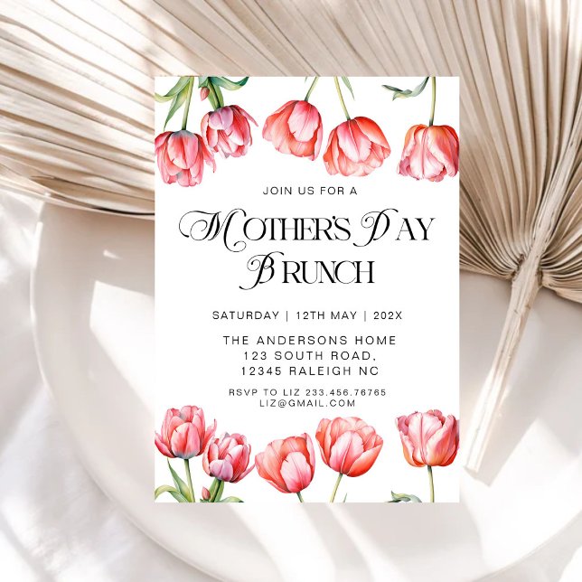 Modern Pink Tulips Floral Mothers Day Brunch Invitation (Creator Uploaded)