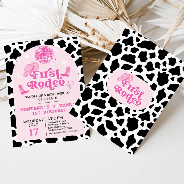 Modern Pink Twins Cowgirl First Rodeo 1st Birthday Invitation (Girls Twins First Rodeo 1st Birthday Invitation, First Rodeo Invitation Cowgirl Birthday Wild West)