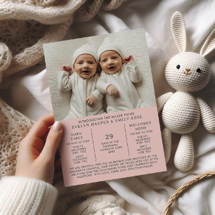 Modern Pink Twins NICU Graduation Preemie Birth Announcement