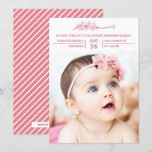 Modern Pink Typography Baby Girl Photo Aqiqah Invitation