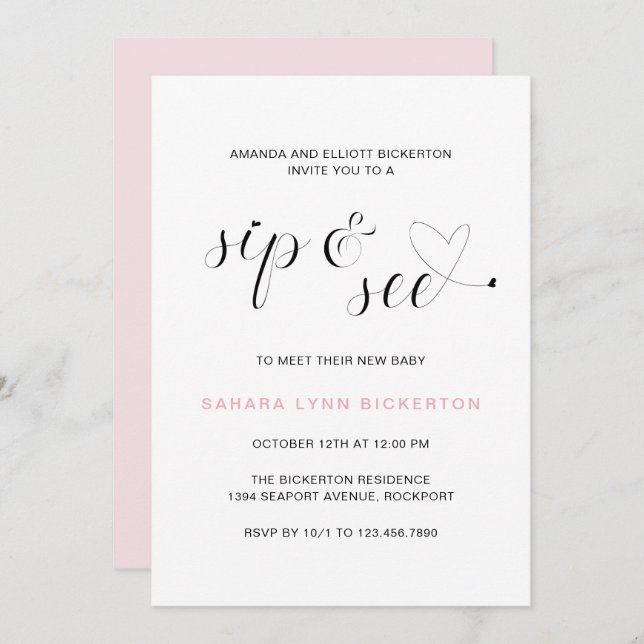 Modern Pink Typography Girl Sip and See Invitation (Front/Back)