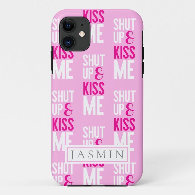 Modern Pink Typography Monogram Kiss Me Case-Mate iPhone Case (Back)