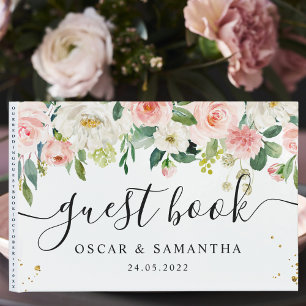 Modern Pink Watercolor Beauty Flowers & Gold Drops Guest Book