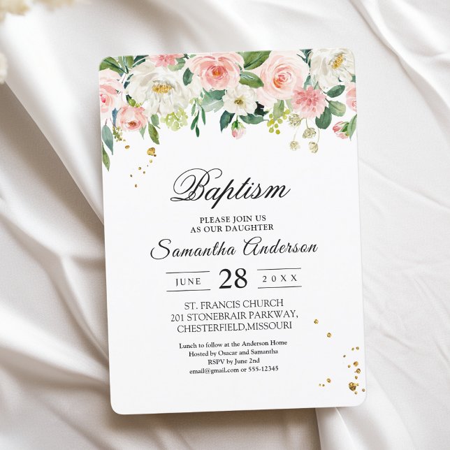 Modern Pink Watercolor Beauty Flowers & Gold Drops Invitation (Creator Uploaded)