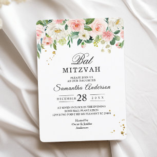 Modern Pink Watercolor Beauty Flowers & Gold Drops Invitation