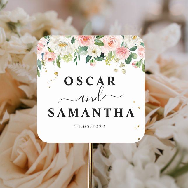 Modern Pink Watercolor Beauty Flowers & Gold Drops Square Sticker (Creator Uploaded)