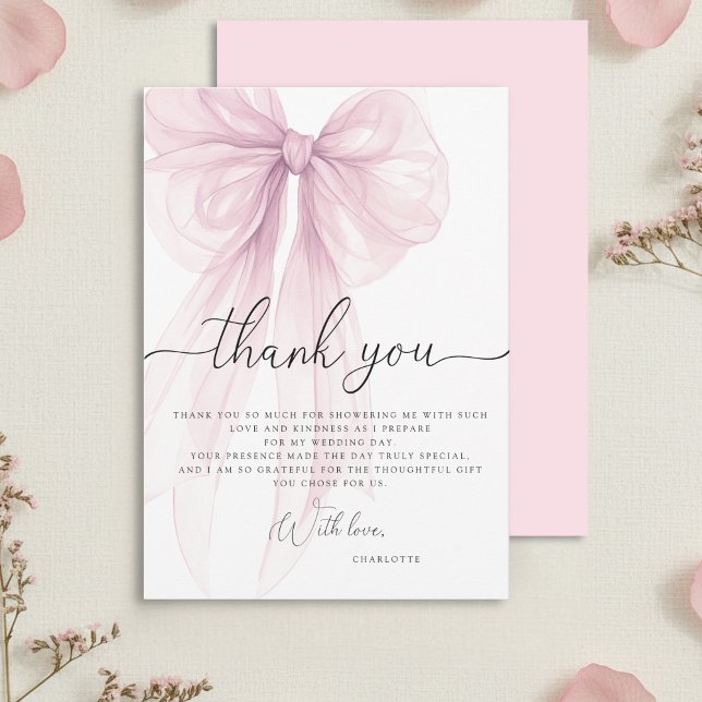 Modern Pink Watercolor Bow Bridal Shower Thank You Card (Creator Uploaded)