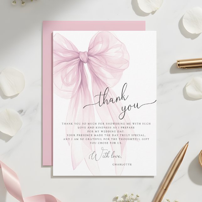 Modern Pink Watercolor Bow Bridal Shower Thank You Card (Creator Uploaded)