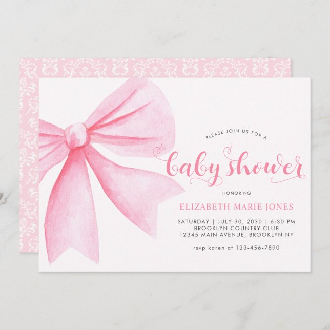 Modern Pink Watercolor Bow Ribbon Girl Baby Shower Invitation (Front/Back)