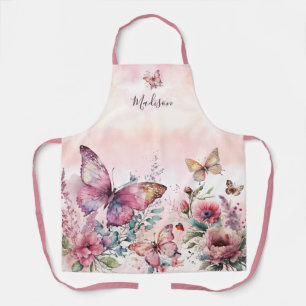 Modern Pink Watercolor Butterfly Wild Flower Apron