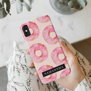 Modern Pink Watercolor Doughnuts Pattern With Name Case-Mate iPhone Case