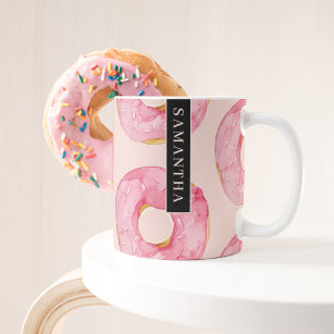 Modern Pink Watercolor Doughnuts Pattern With Name Coffee Mug