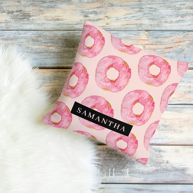 Modern Pink Watercolor Doughnuts Pattern With Name Cushion (Creator Uploaded)