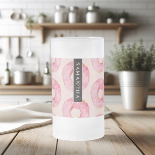 Modern Pink Watercolor Doughnuts Pattern With Name Frosted Glass Beer Mug