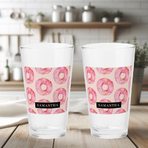 Modern Pink Watercolor Doughnuts Pattern With Name Glass