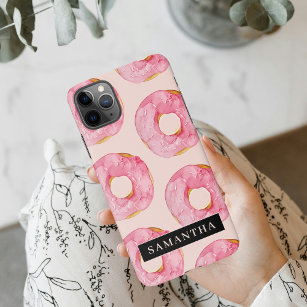 Modern Pink Watercolor Doughnuts Pattern With Name iPhone 11Pro Max Case
