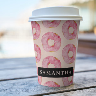 Modern Pink Watercolor Doughnuts Pattern With Name Paper Cups