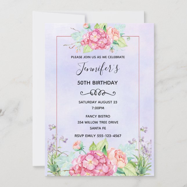 Modern Pink Watercolor Floral Bouquet Birthday Invitation (Front)