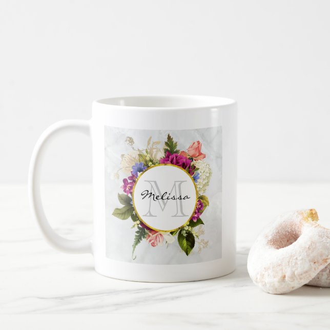 Modern Pink Watercolor Floral Bouquet Monogram Coffee Mug (With Donut)
